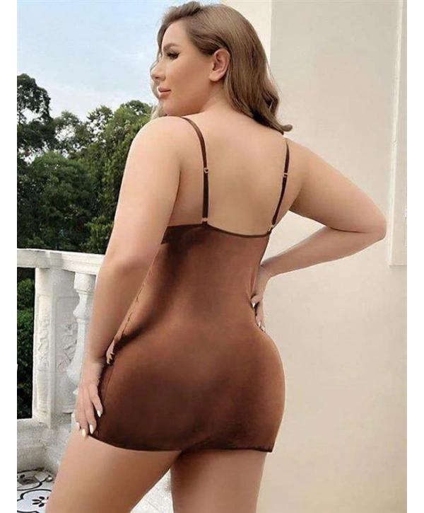 Morliva Büyük Beden Kahverengi Deri Metal Aksesuarlı Fantezi Elbise