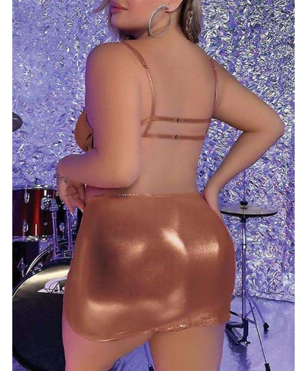 Morliva Büyük Beden Kahverengi Deri Zincir Aksesuarlı Etekli Fantezi Takım