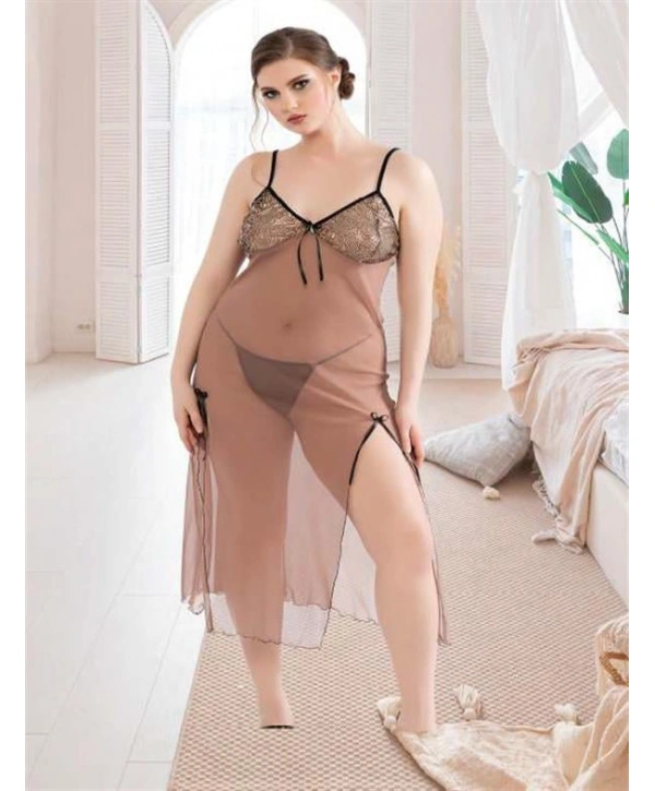 Morliva Büyük Beden Kahverengi Tül Fantezi Uzun Yırtmaçlı Gecelik