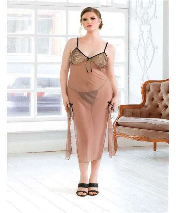 Morliva Büyük Beden Kahverengi Tül Fantezi Uzun Yırtmaçlı Gecelik