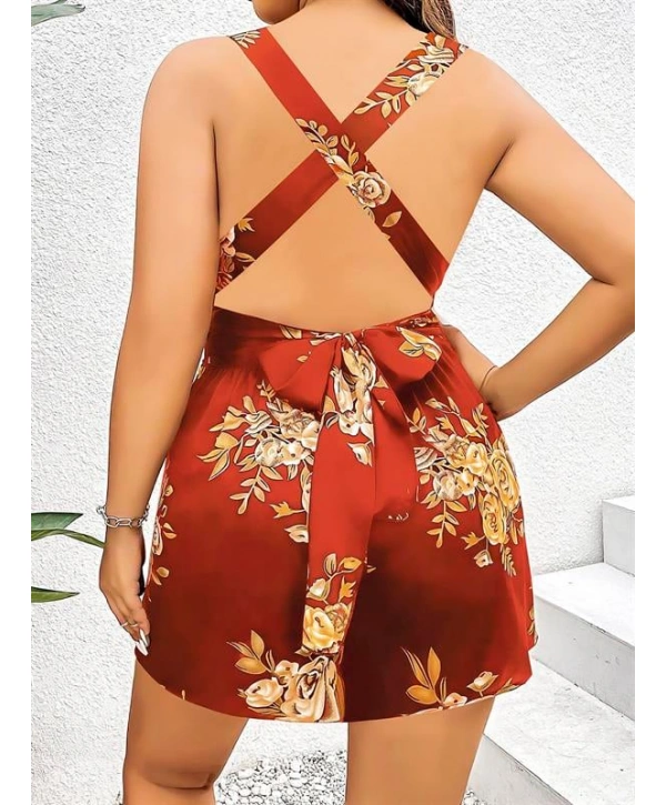 Morliva  Büyük Beden Kahverengi Üstüne Çiçek Desenli Sırt Detaylı Elbise