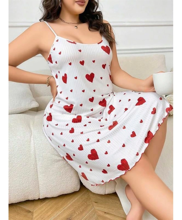 Morliva Büyük Beden Kalp Desen Pamuklu İnce Askılı Uzun Gecelik