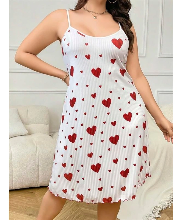 Morliva Büyük Beden Kalp Desen Pamuklu İnce Askılı Uzun Gecelik