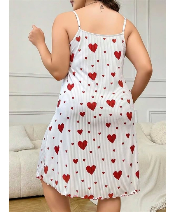 Morliva Büyük Beden Kalp Desen Pamuklu İnce Askılı Uzun Gecelik