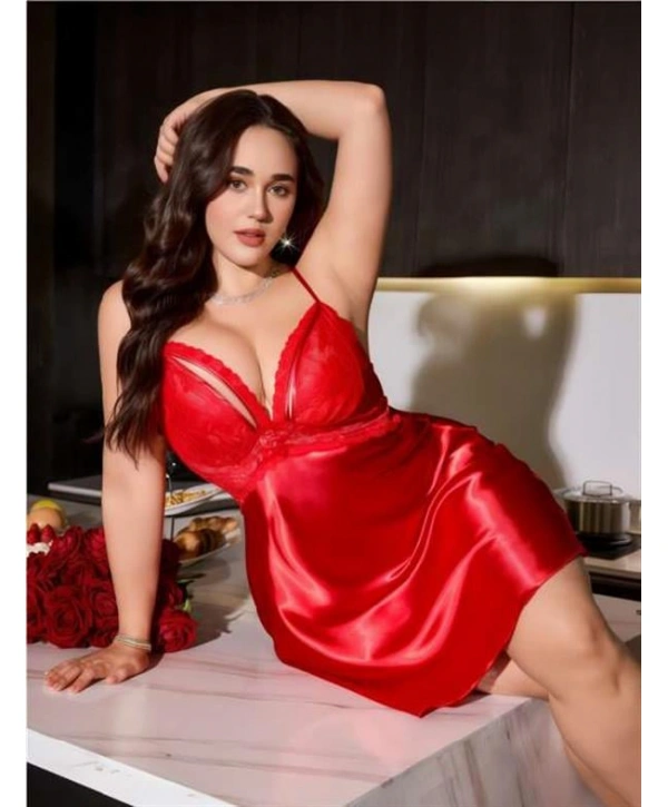 Morliva Büyük Beden Kırmızı Dantel Detaylı Saten Gecelik