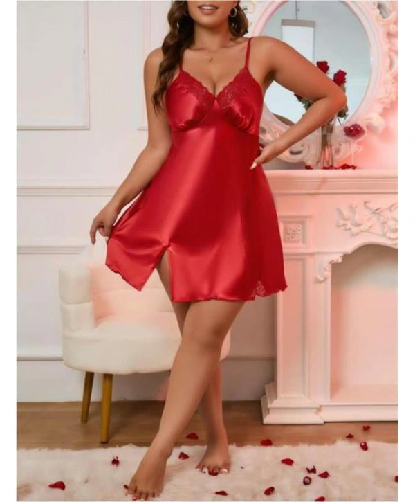 Morliva Büyük Beden Kırmızı Dantel Detaylı Saten Gecelik