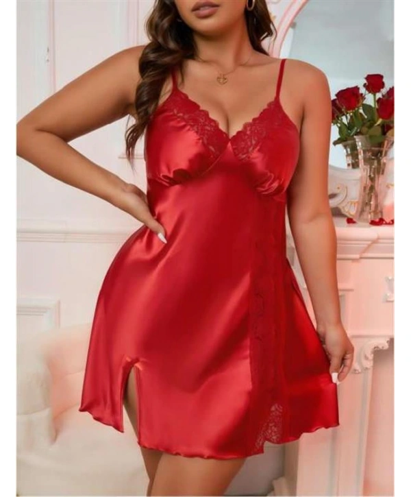 Morliva Büyük Beden Kırmızı Dantel Detaylı Saten Gecelik