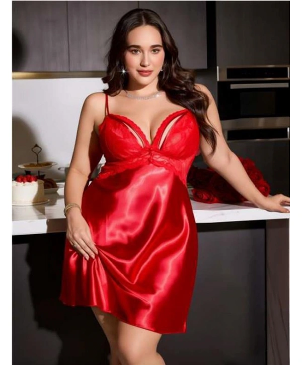 Morliva Büyük Beden Kırmızı Dantel Detaylı Saten Gecelik