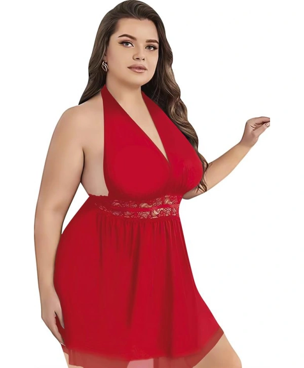 Morliva Büyük Beden Kırmızı Dantel İşlemeli Boyundan Bağlamalı Fantezi Tül Gecelik