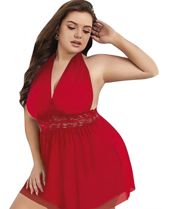 Morliva Büyük Beden Kırmızı Dantel İşlemeli Boyundan Bağlamalı Fantezi Tül Gecelik
