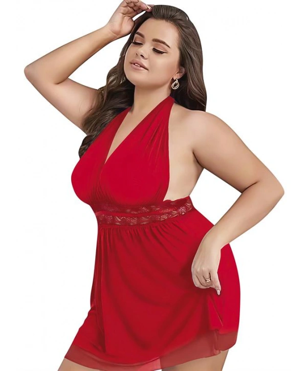 Morliva Büyük Beden Kırmızı Dantel İşlemeli Boyundan Bağlamalı Fantezi Tül Gecelik