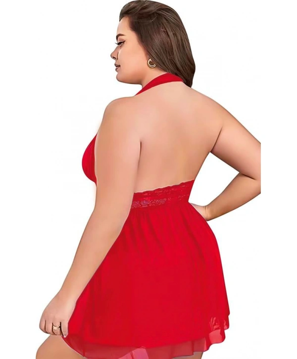 Morliva Büyük Beden Kırmızı Dantel İşlemeli Boyundan Bağlamalı Fantezi Tül Gecelik