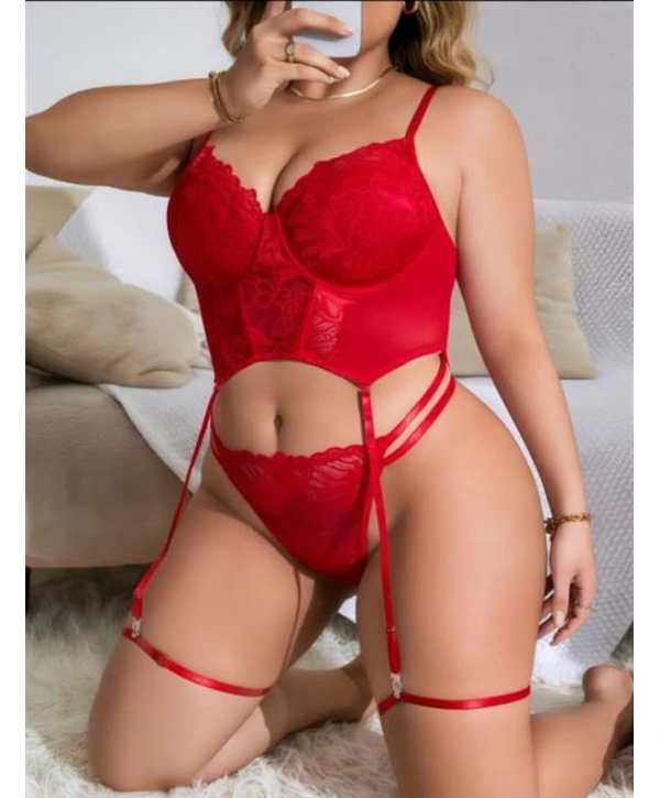 Morliva  Büyük Beden Kırmızı Dantel İşlemeli Büstiyer Fantezi Jartiyer Takımı