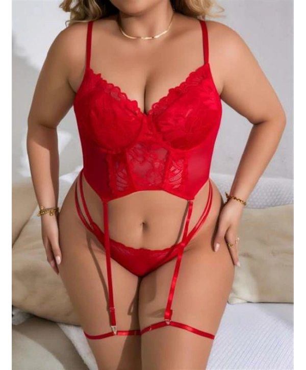 Morliva  Büyük Beden Kırmızı Dantel İşlemeli Büstiyer Fantezi Jartiyer Takımı