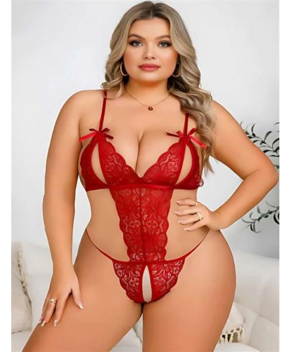 Morliva  Büyük Beden Kırmızı Dantel İşlemeli Dekolteli Fantezi Babydoll