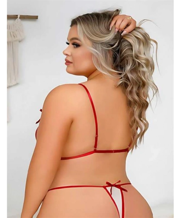 Morliva  Büyük Beden Kırmızı Dantel İşlemeli Dekolteli Fantezi Babydoll