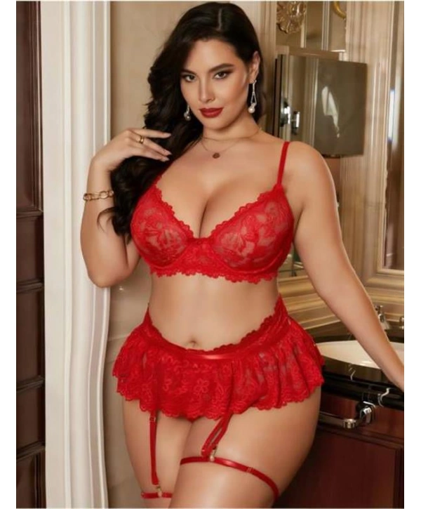 Morliva  Büyük Beden Kırmızı Dantel İşlemeli Etekli Jartiyer Takımı