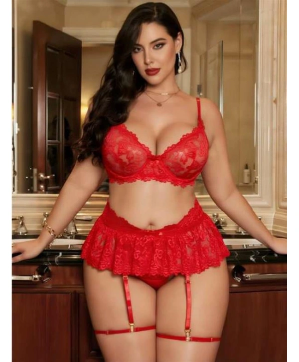 Morliva  Büyük Beden Kırmızı Dantel İşlemeli Etekli Jartiyer Takımı