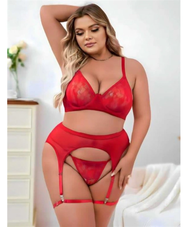 Morliva  Büyük Beden Kırmızı Dantel İşlemeli Fantezi Jartiyer Takımı