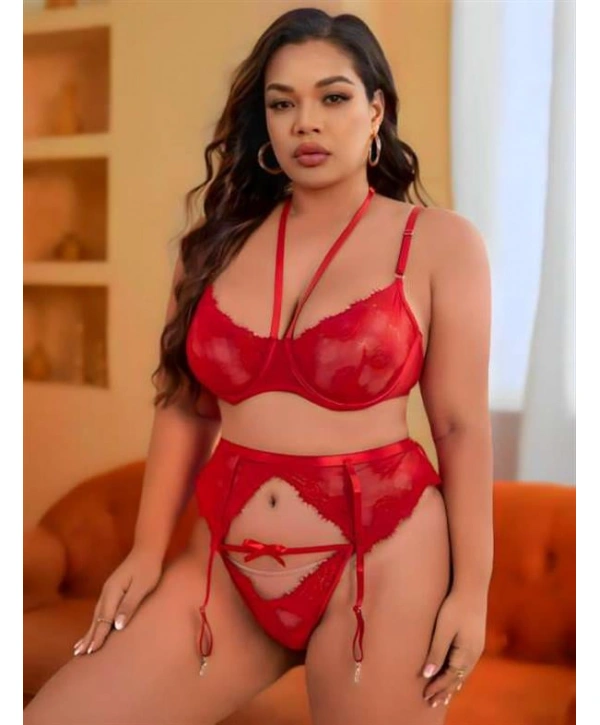 Morliva Büyük Beden Kırmızı Dantel İşlemeli İpli Fantezi Jartiyer Takımı