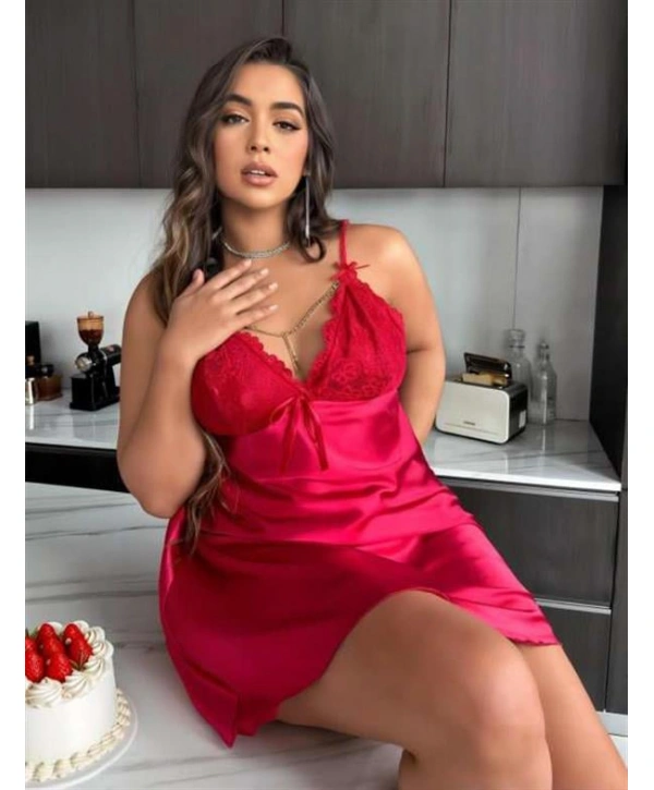 Morliva Büyük Beden Kırmızı Dantel İşlemeli Saten Gecelik