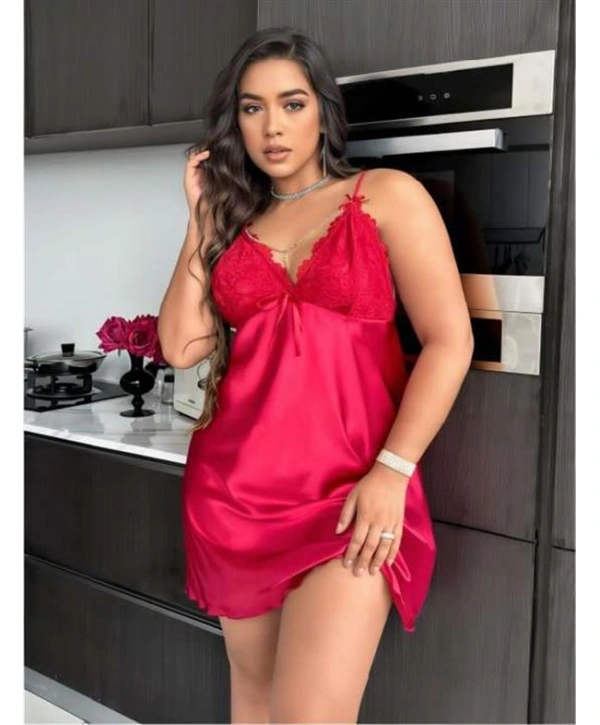 Morliva Büyük Beden Kırmızı Dantel İşlemeli Saten Gecelik