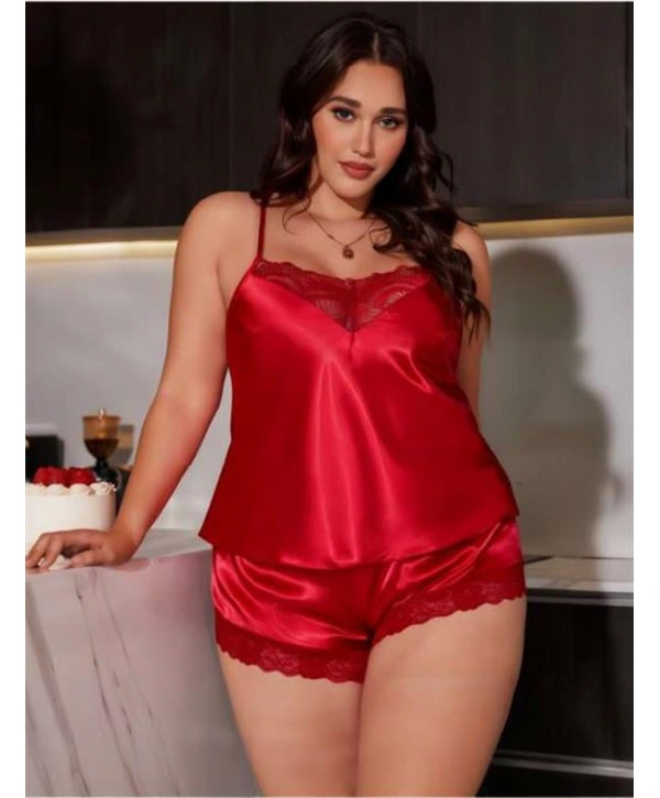 Morliva  Büyük Beden Kırmızı Dantel İşlemeli Saten Şortlu Takım