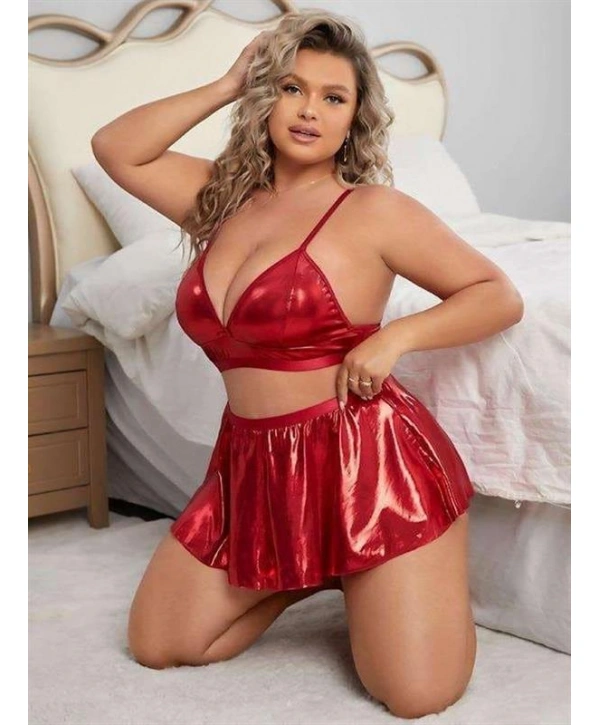 Morliva Büyük Beden Kırmızı Deri Etekli Fantezi Kostüm