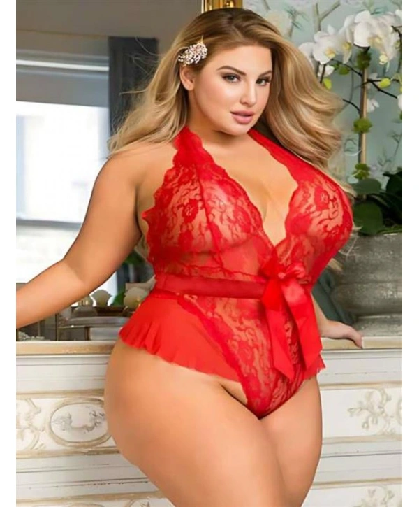 Morliva Büyük Beden Kırmızı Kurdelalı Dantel İşlemeli Fantezi Babydoll