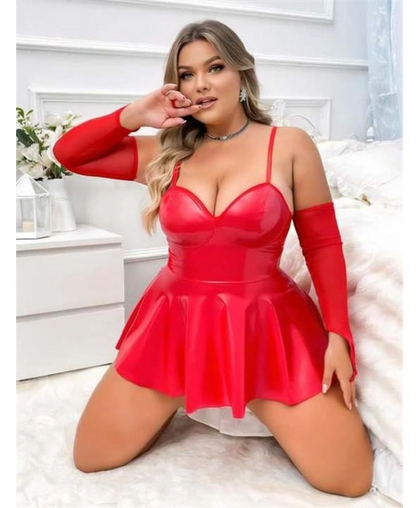 Morliva Büyük Beden Kırmızı Parlak Deri Fantezi Elbise