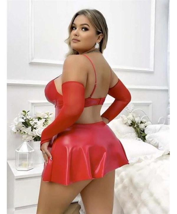 Morliva Büyük Beden Kırmızı Parlak Deri Fantezi Elbise