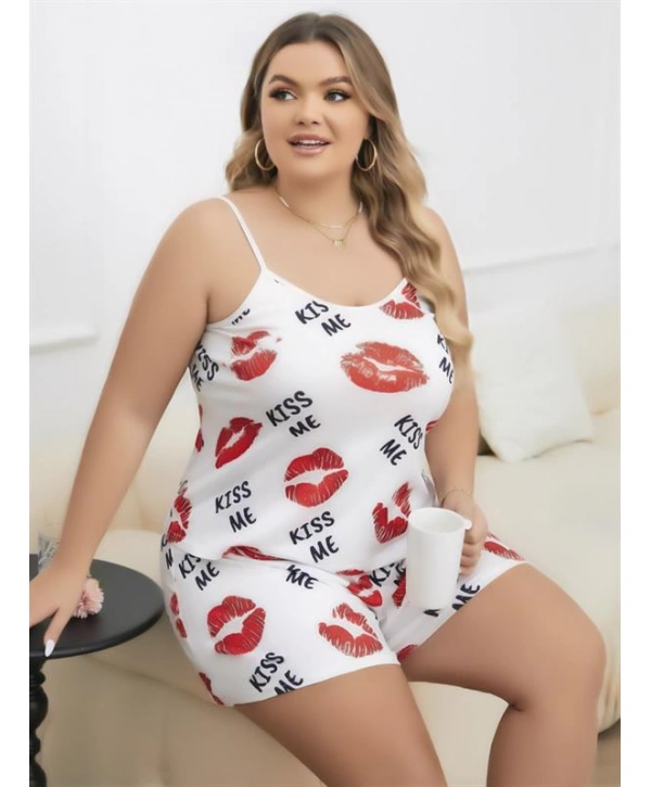Morliva Büyük Beden Kiss Me Öpücük Desen Pamuklu Şortlu Pijama Takımı