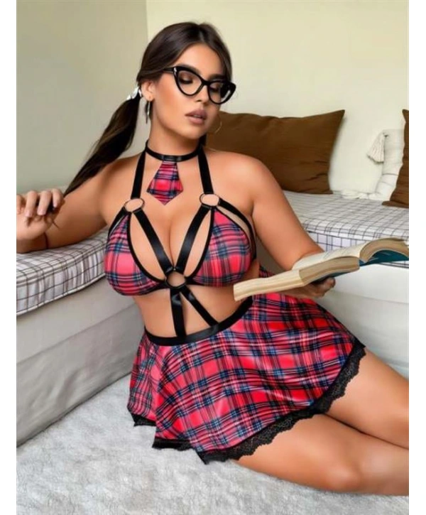 Morliva Büyük Beden Kravatlı Ekose Desenli Etekli Fantezi Kostüm