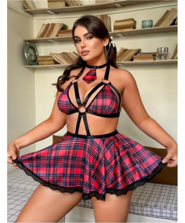 Morliva Büyük Beden Kravatlı Ekose Desenli Etekli Fantezi Kostüm