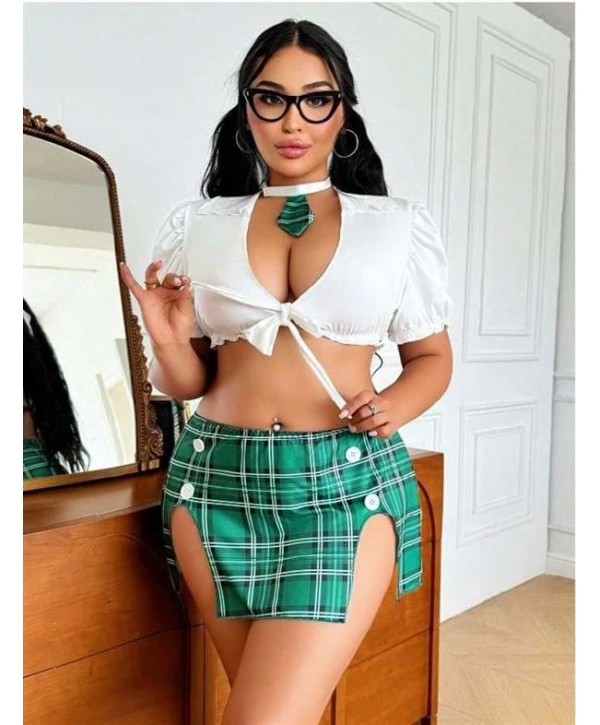 Morliva Büyük Beden Kravatlı Yeşil Ekose Desen Etekli Fantezi Liseli Kostüm