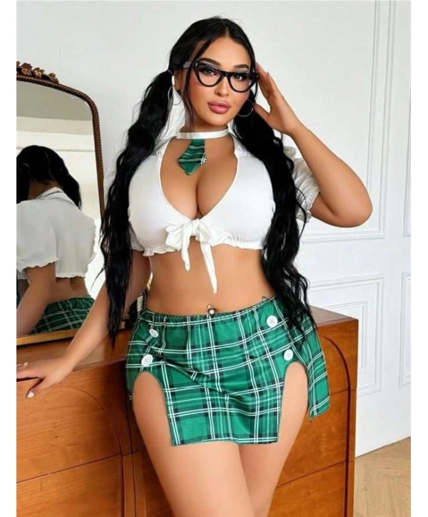 Morliva Büyük Beden Kravatlı Yeşil Ekose Desen Etekli Fantezi Liseli Kostüm