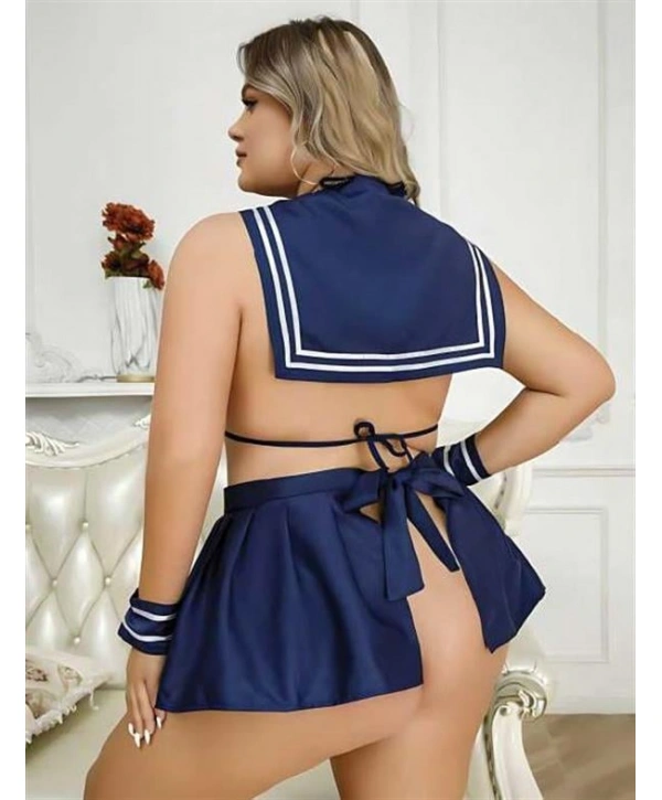 Morliva Büyük Beden Lacivert Büstiyerli Kurdela Detaylı Mini Etekli Fantezi Denizci Kostümü