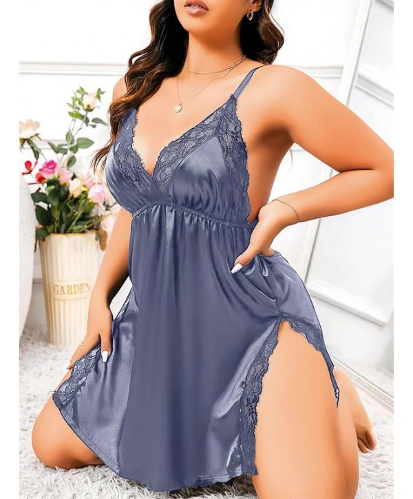 Morliva  Büyük Beden Lacivert Dantel İşlemeli İnce Askılı Saten Fantezi Gecelik
