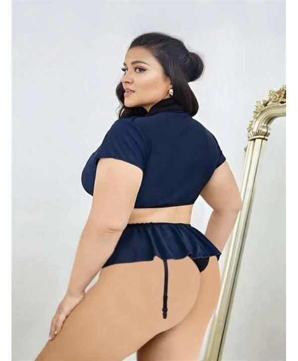 Morliva Büyük Beden Lacivert Göğüs Detay Büstiyerli Kravatlı Mini Etekli Fantezi Polis Kostümü