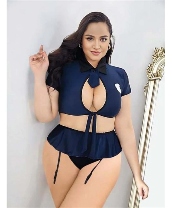 Morliva Büyük Beden Lacivert Göğüs Detay Büstiyerli Kravatlı Mini Etekli Fantezi Polis Kostümü