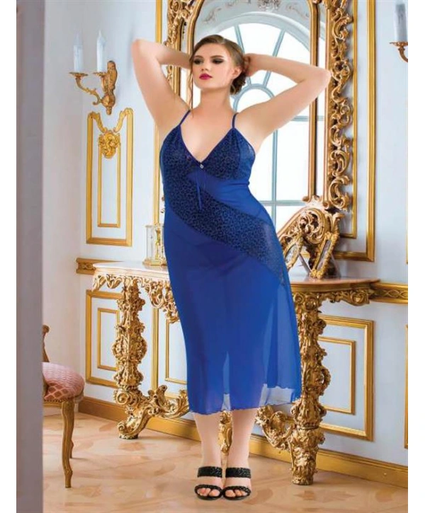 Morliva Büyük Beden Lacivert Leopar Desen Tül Fantezi Uzun Gecelik