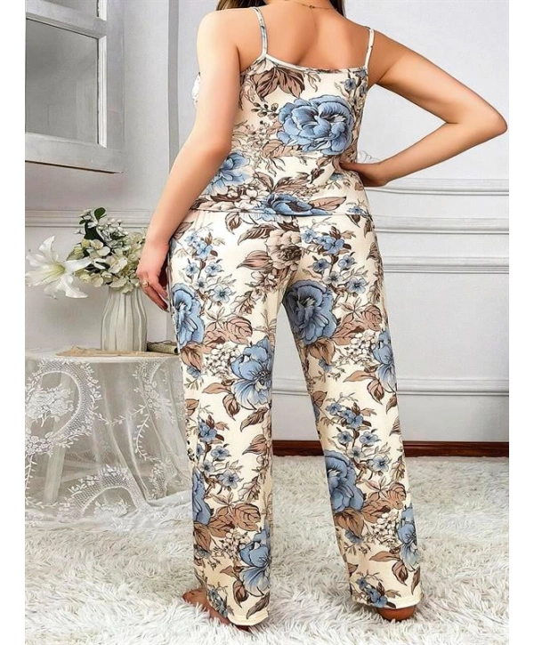 Morliva Büyük Beden Mavi Çiçek Desenli İnce Askılı 2li Saten Pijama