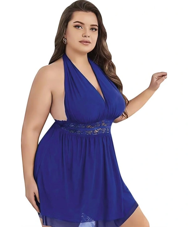 Morliva Büyük Beden Mavi Dantel İşlemeli Boyundan Bağlamalı Fantezi Tül Gecelik