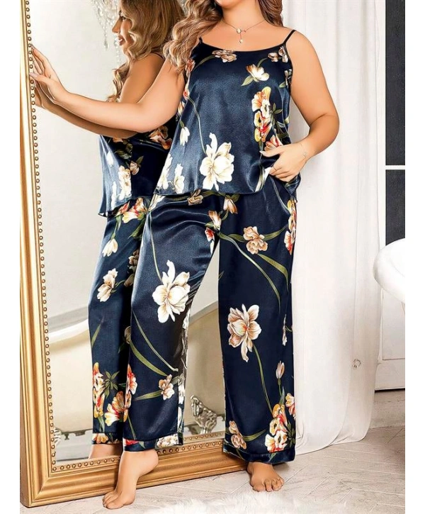 Morliva  Büyük Beden Mavi Üstüne Çiçek Desenli İnce Askılı 2li Saten Pijama Takımı