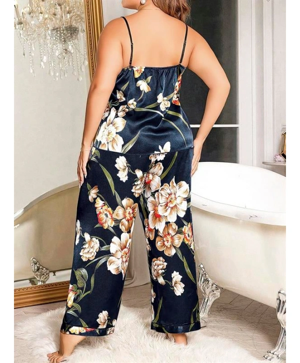 Morliva  Büyük Beden Mavi Üstüne Çiçek Desenli İnce Askılı 2li Saten Pijama Takımı