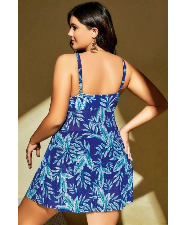 Morliva  Büyük Beden Mavi Üstüne Yaprak Desenli Yırtmaçlı Gecelik