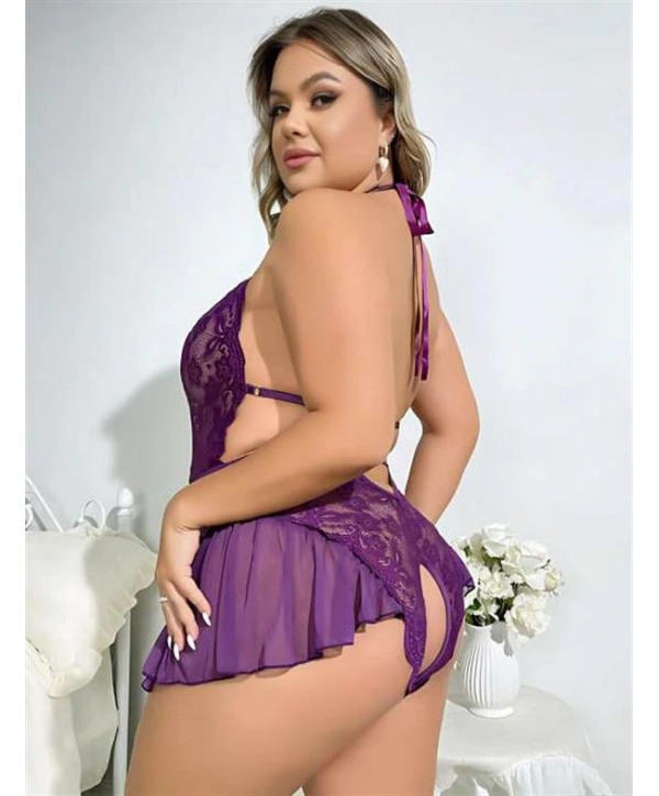 Morliva Büyük Beden Mor Dantel İşlemeli Fırfırlı Fantezi Babydoll