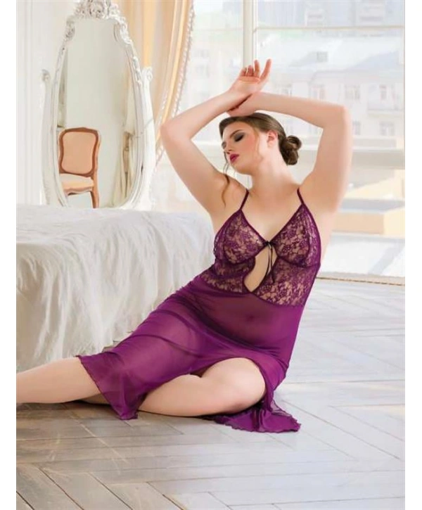 Morliva Büyük Beden Mor Dantelli Tül Fantezi Uzun Yırtmaçlı Gecelik