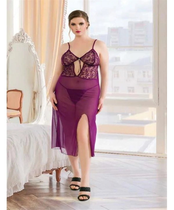 Morliva Büyük Beden Mor Dantelli Tül Fantezi Uzun Yırtmaçlı Gecelik