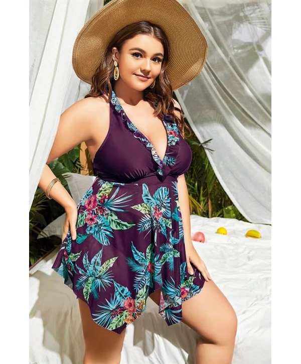 Morliva  Büyük Beden Mor Üstüne Çiçek Desenli Boyundan Bağlamalı Elbise